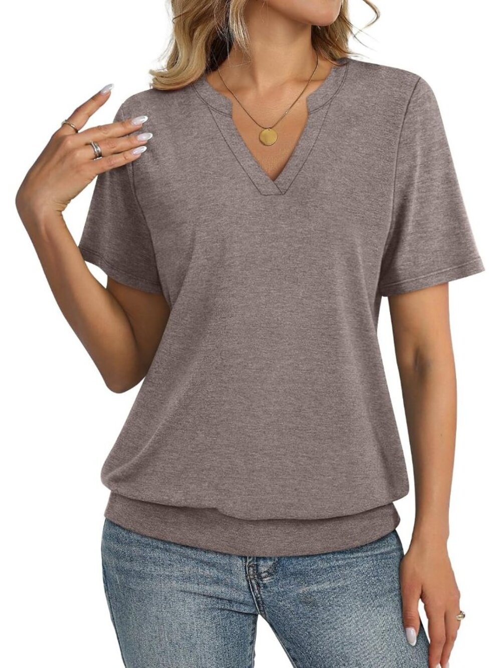 Women's Coffee Gray V Neck Banded Bottom Short Sleeve T Shirt Summer Casual Tops
